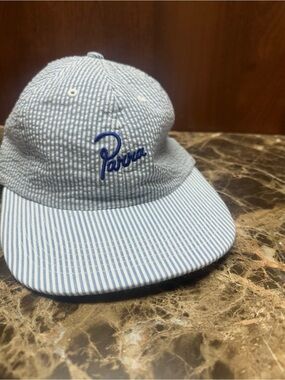 By Parra Classic Logo 6 Panel Hat in blue and white seersucker